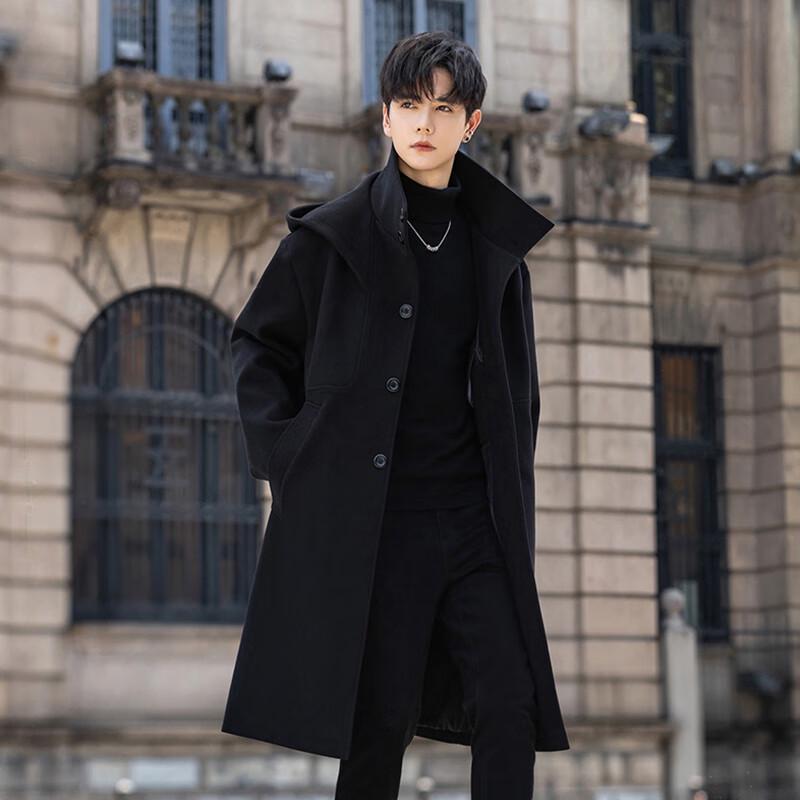 ROMON Men's Mid-Length Hooded Wool Blend Trench Coat