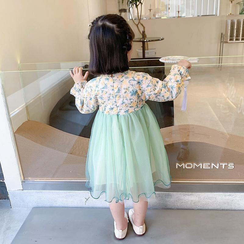 Mädchenkleid im chinesischen Stil mit Blumenmuster, Netzstoff, bauschiges Kleid, Patchwork-Kleid