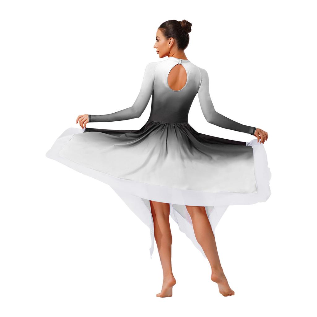 Womens Lyrical Dance Gradient Dress Mesh Long Sleeve Irregular Hem Back Keyhole Leotard Figure Skating Modern Costume
