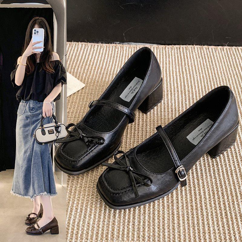2025 temperament gentle style French with new thick heel autumn skirt bow light mouth single shoes Mary Jane shoes women