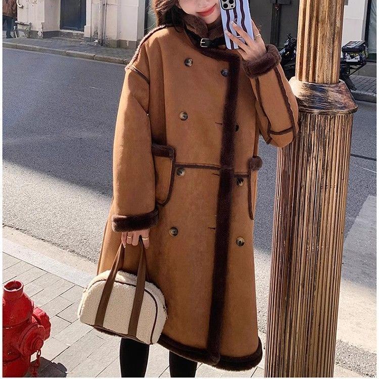 Korean Style Winter Lamb Fur Loose Coat for Women Thick Warm Long  Fleece Lined Jacket