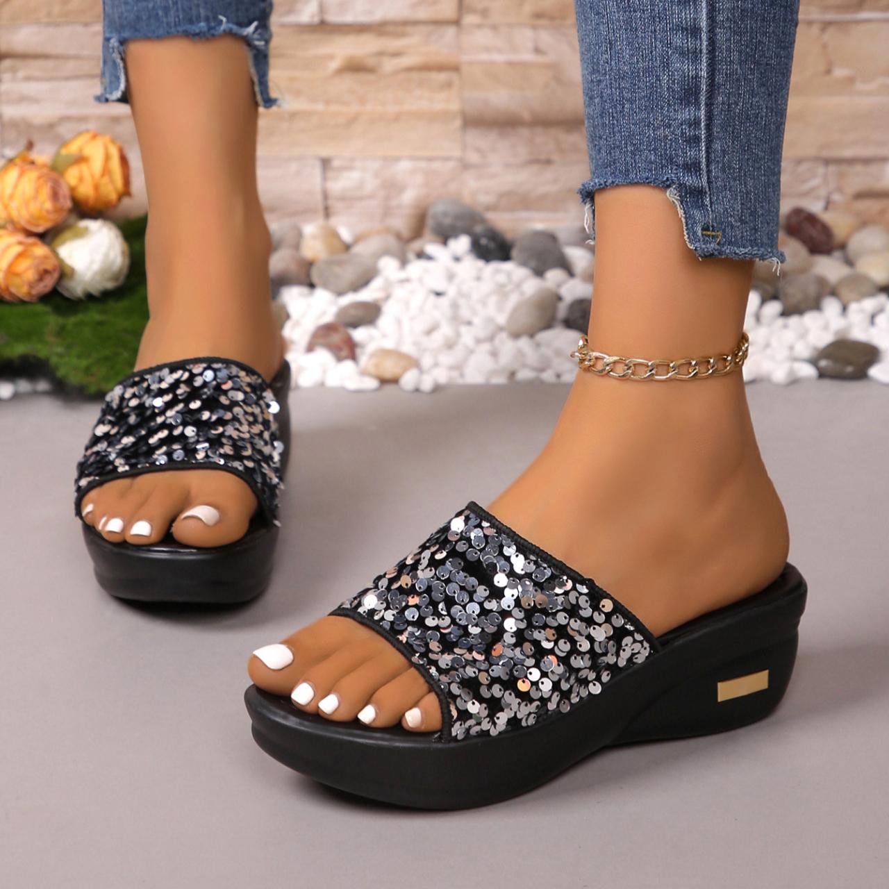 

Женские сандалии на толстой подошве, модные сандалии на танкетке, повседневные сандалии-шлепанцы с пайетками для пляжа 43 серебряный