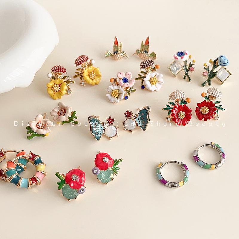 Dripping Enamel Flower Series Real 925 Silver Gold Plant Stud Earrings For Women Small Niche Accessories