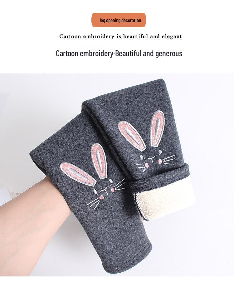 Girls' Winter Fleece-Lined Cotton Leggings with Rabbit Embroidery