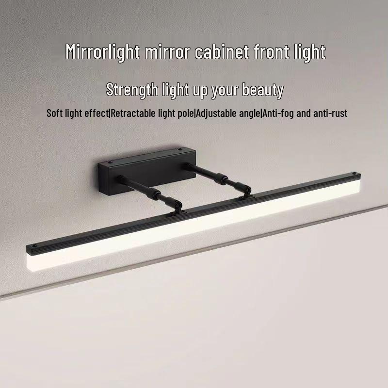 Waterproof LED Vanity Light with Retractable Bracket and Mist-Proof Acrylic Shade for Bathroom Mirrors.