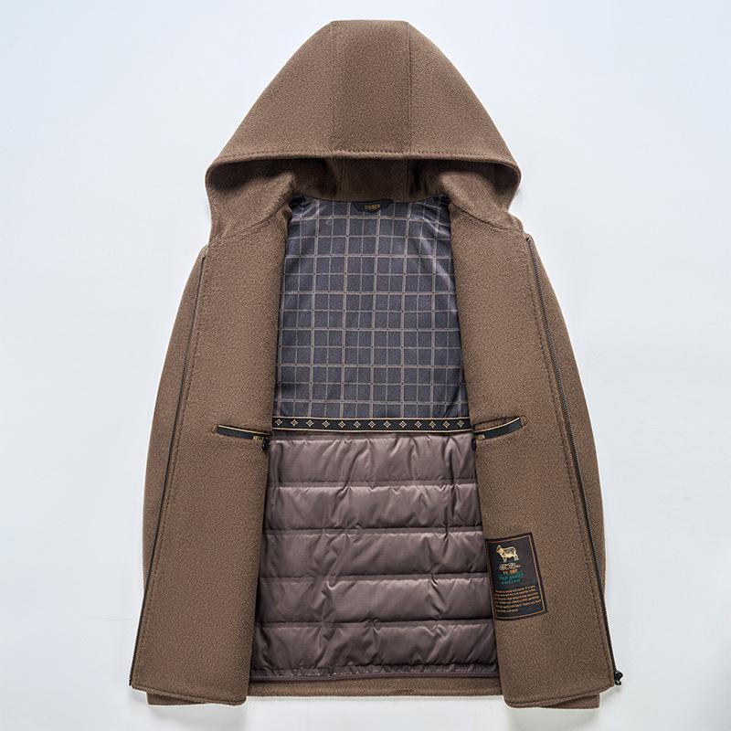Men's Wool Overcoat with Detachable Down Liner and Hoodie - Double-Faced for Autumn and Winter Warmth