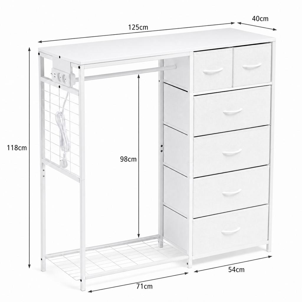 Children's Wardrobe with 6 Drawers, Clothes Rail & Socket - Multifunctional Coat Rack for Children's Room, White