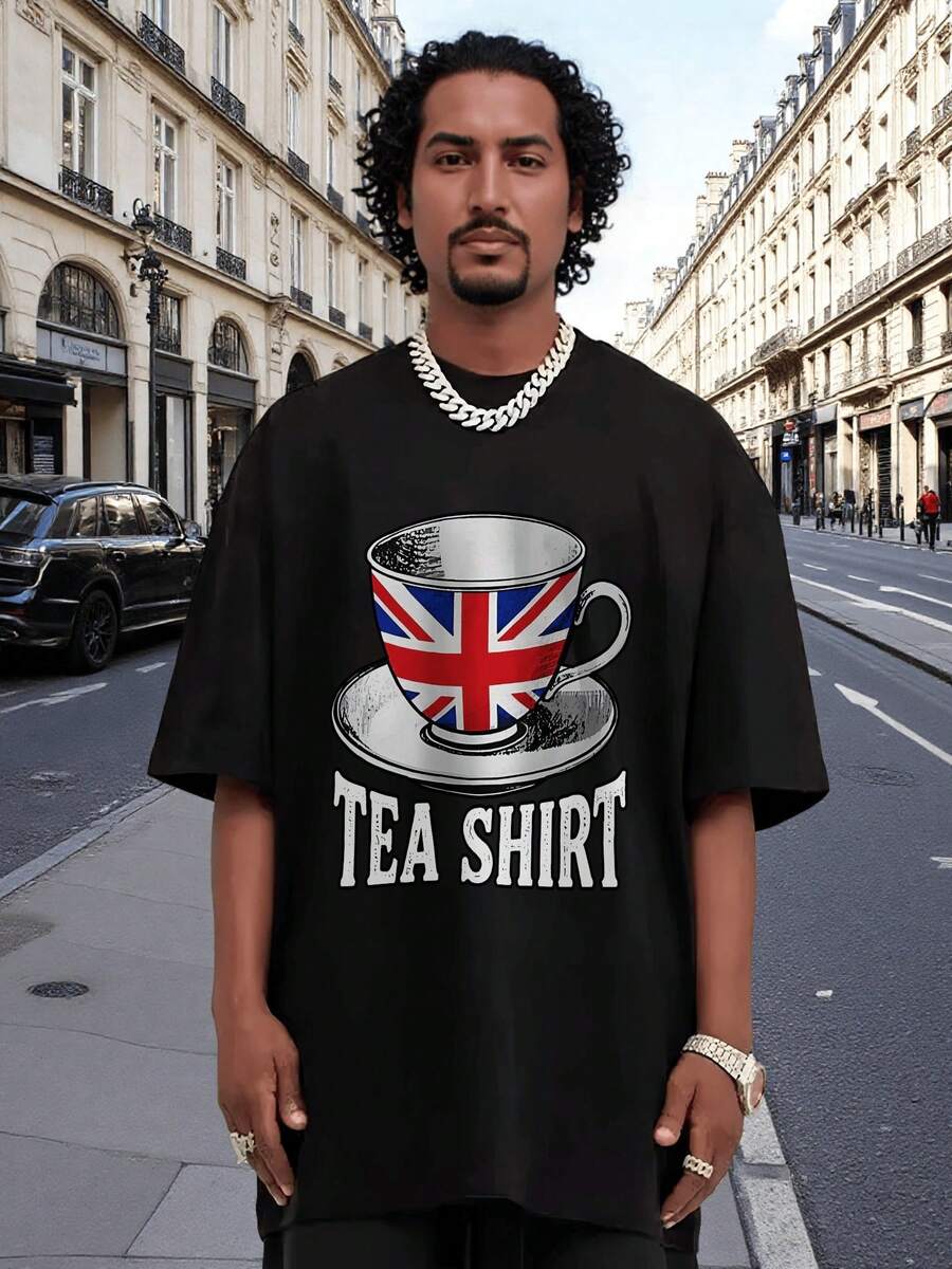 

New Unisex s Black T-Shirts Featuring A Tea Cup With A British Flag Pattern Printed On It, With The WoJIAs TEA SHIRT On The Bottom L