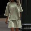 2026 Women's Casual Summer Two-Piece Set: Solid Color Round Neck Short Sleeve Top & Elastic Waist Sports Shorts