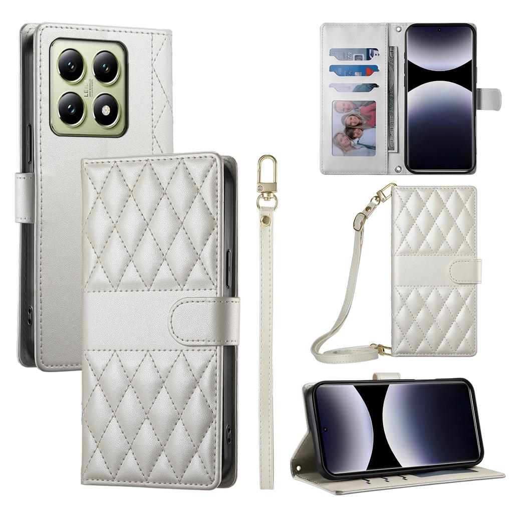 For Xiaomi 14T Case Rhombus Stitching Wallet Stand Leather Phone Cover with Long/Short Strap