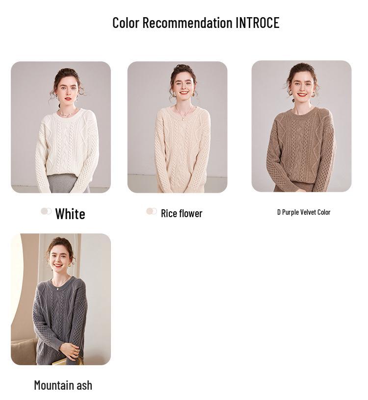 Women's Retro Loose Cable Knit Cashmere Sweater - Round Neck, High-End Texture, Autumn/Winter Base Layer.