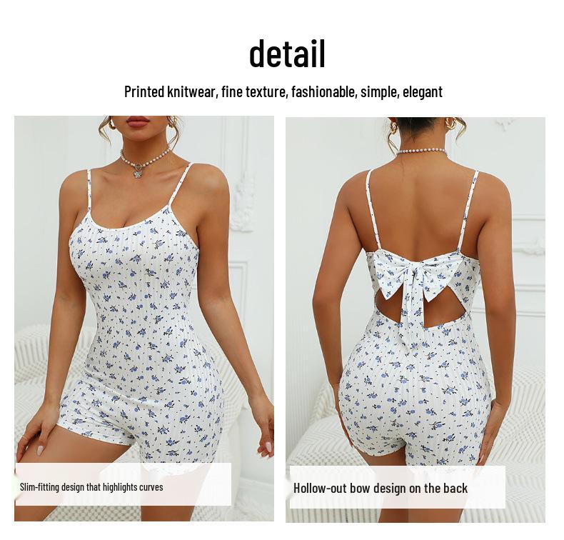 2025 Summer Women's Floral Print Bow-Back Bodycon Jumpsuit