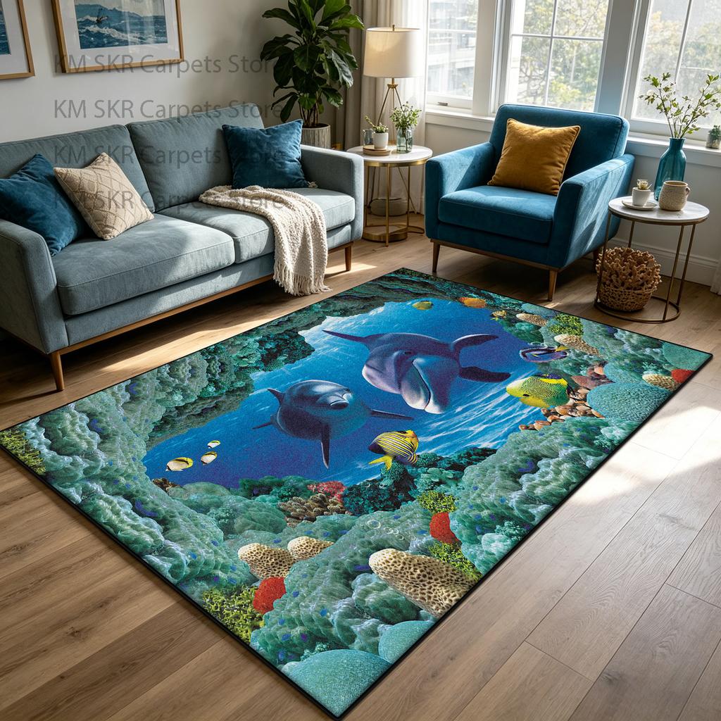 3D Ocean World Living Room Carpet Cute Lounge Décor Machine Washable Non-slip Lounge Rug Soft Fluffy Bedroom Bedside Mat Custom