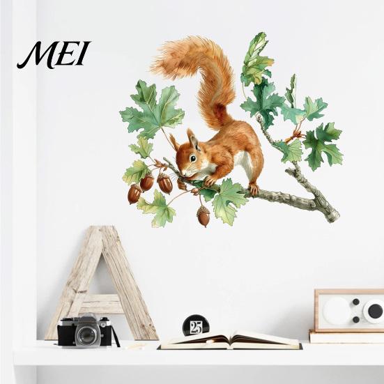 Decorative Glass Stickers for Windows Watercolor Squirrel Wall Sticker, Cute Tree Branch Decal, Easy To Apply Forest Animal Mural Art Living