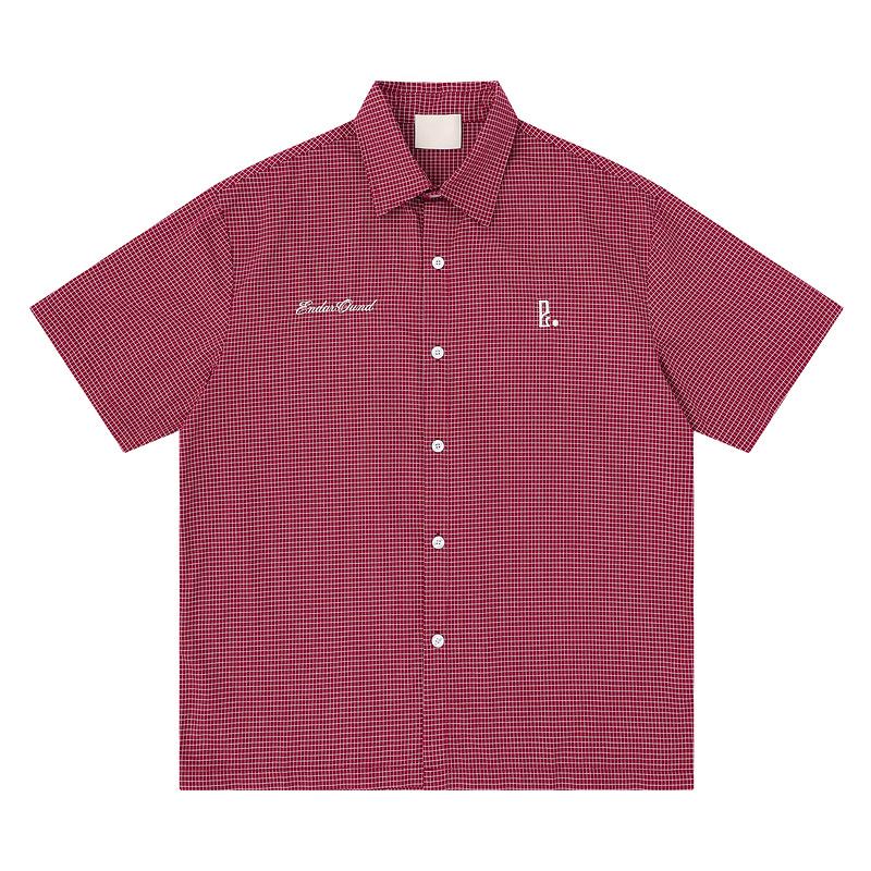 American vintage letter embroidered short-sleeve shirt for men and women, trendy brand loose red pink plaid casual couple commuter shirt