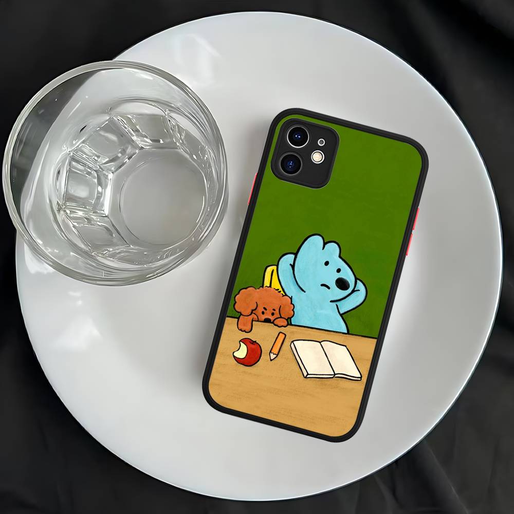 

Cartoon Blue Brown Dog Pink Border Phone Case For iPhone 16 15 14 11 12 13 Pro Max Plus 12 XS Max Back Cover Matte Case iphone 15