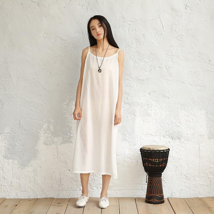 2024 Spring/Summer Cotton Linen Plus Size Women's Spaghetti Strap Long Dress - Solid Color, Loose, Versatile, Literary Style.