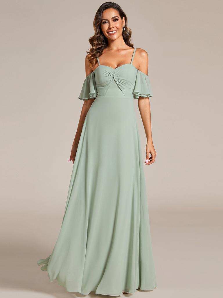 Ever-Pretty Women's Cold Shoulder Sweetheart Neckline Spaghetti Straps Chiffon Bridesmaid Dresses With Ruffle Sleeves