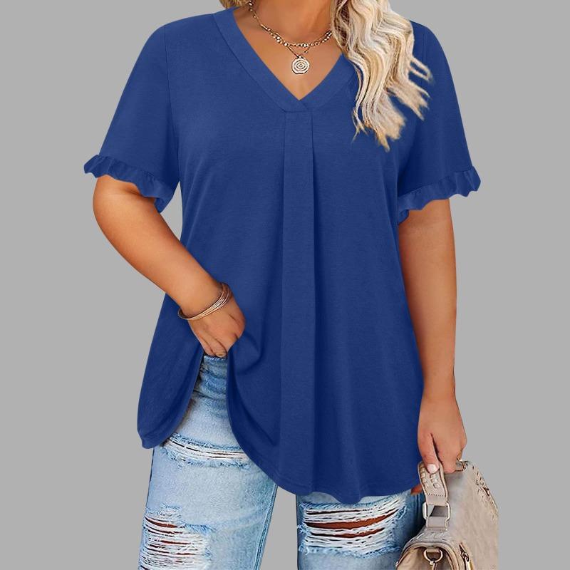 Women S Plus Size Casual Solid Short Sleeve Petal Sleeve V Neck Top