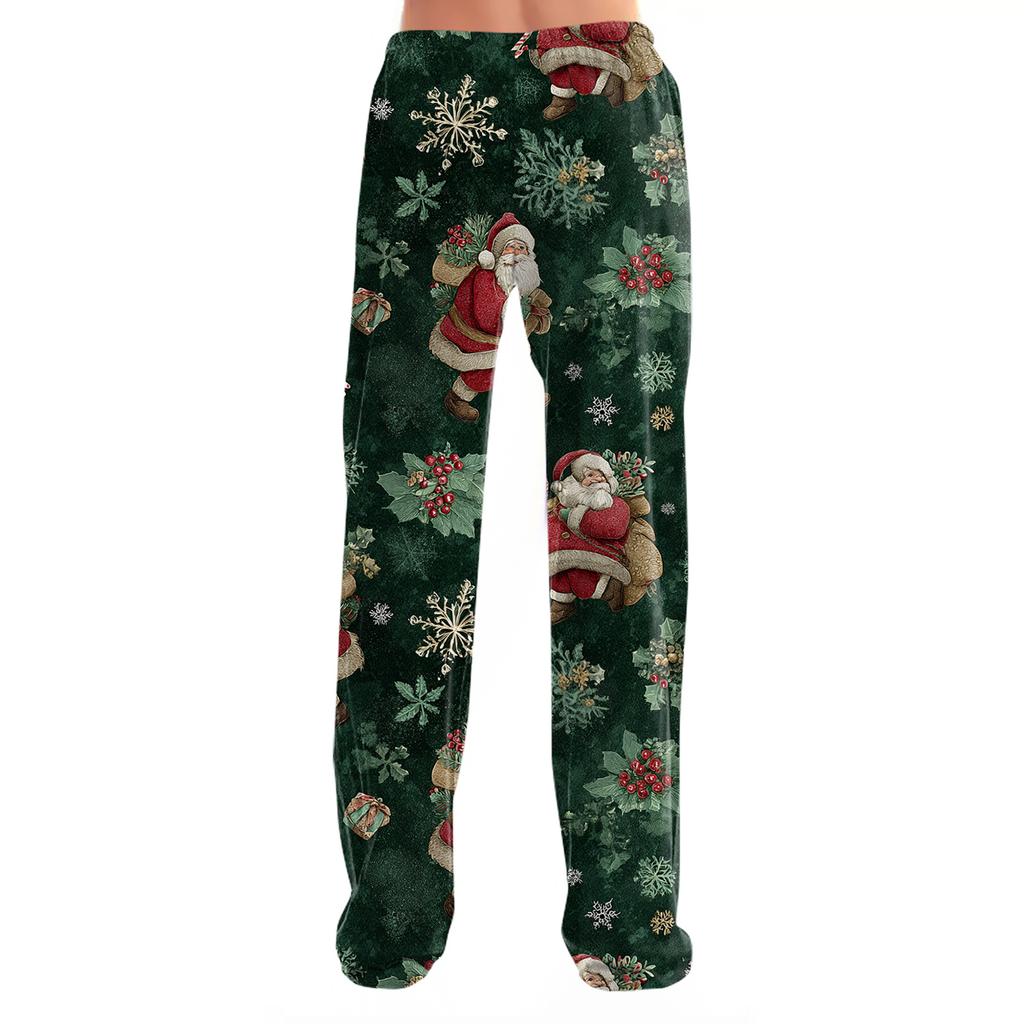 Ladies' Loose And Casual Christmas Printed Wide Leg Pants With Elastic Waistband Drawstring And Pocket Pants