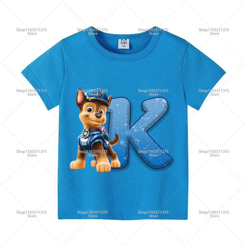 Cute PAW Patrol Blue T-shirt Boys Clothes Letter A-Z Printed Short Sleeve Cartoon Fashion Kids Birthday Toddler Cotton Tops Gift