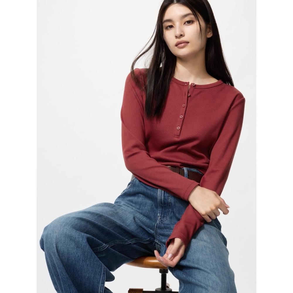 

Uniqlo Футболка в рубчик с вырезом хенли, с длинным рукавом 01 OFF WHITE/XS