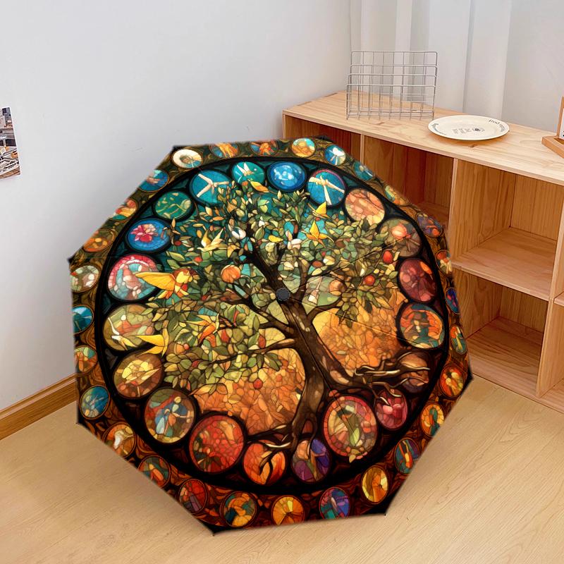 1 PC Automatic Folding Umbrella - The Mysterious Tree of Life Pattern, Portable & Foldable Design with 8 Ribs, Christmas Birthday Gifts