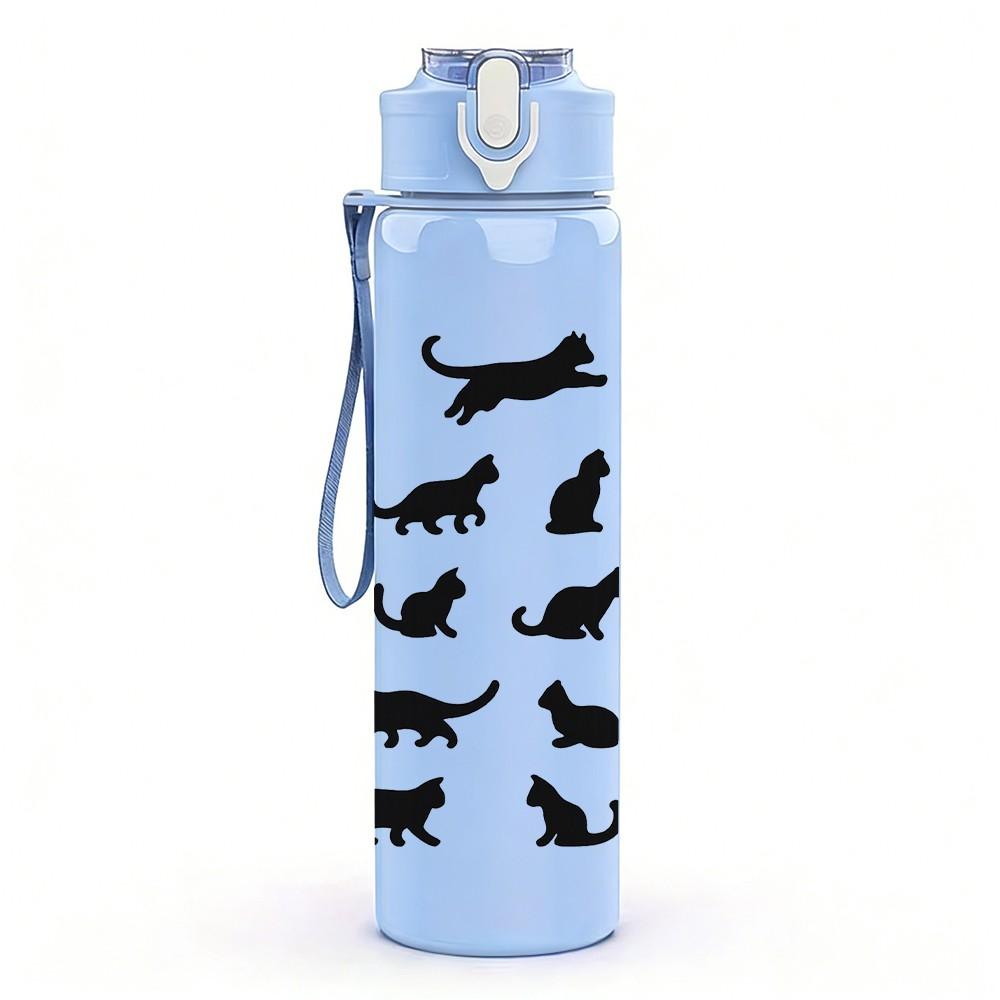 1PC Black Cat Silhouette Pattern 750ml Color Plastic Sports Water Bottle Leakproof Flip Straw Lid Suitable for Sports Office Home Use