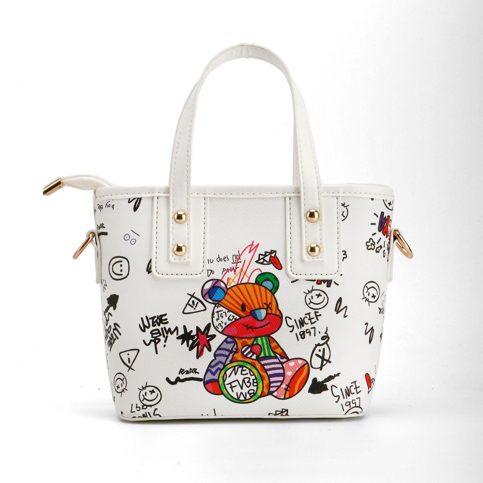 

Bear graffiti bucket bag women s summer new single shoulder messenger bag handheld shopping bag women s bag белый