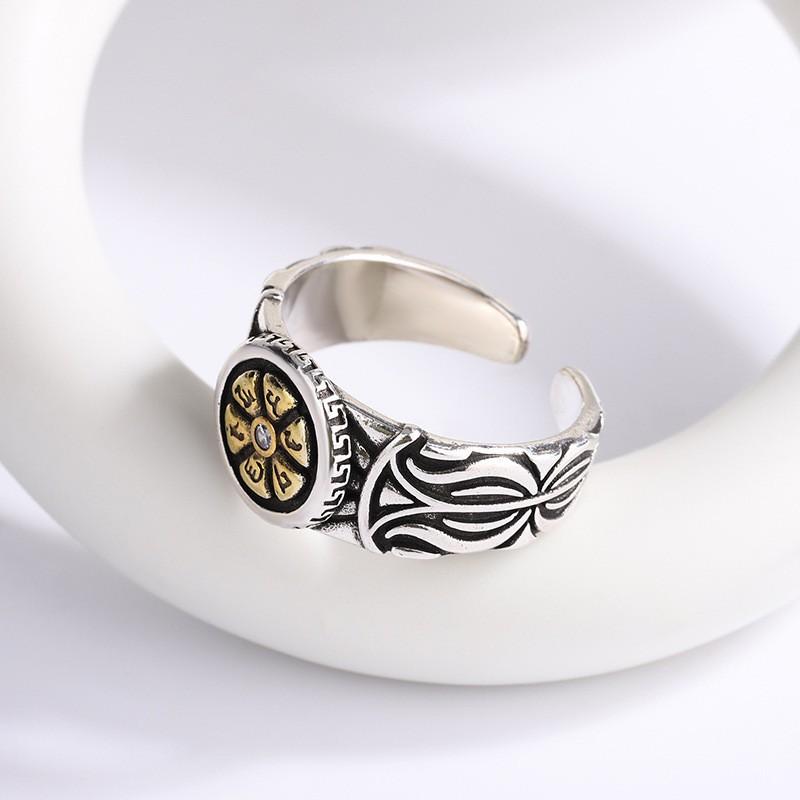 Adjustable Open Ring Men Women Vintage Sunflower Design Six Words Mantra Geometric Statement