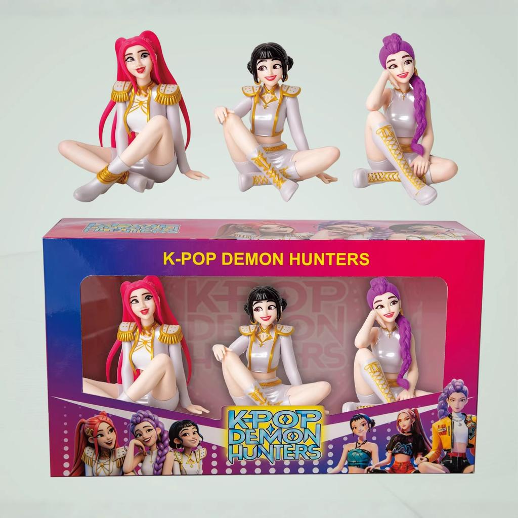New Kpop Demon Hunter Action Figure Set 3Pcs Cute Anime Girl Collectible Figurines with Stage Outfit Desktop Decoration Doll Toy Gift for Fans Kids