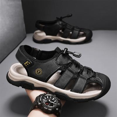 Leather Men'S Beach Shoes Fashionable And Comfortable Elastic Band Outdoor Sports Casual Shoes Breathable Hole Sandals