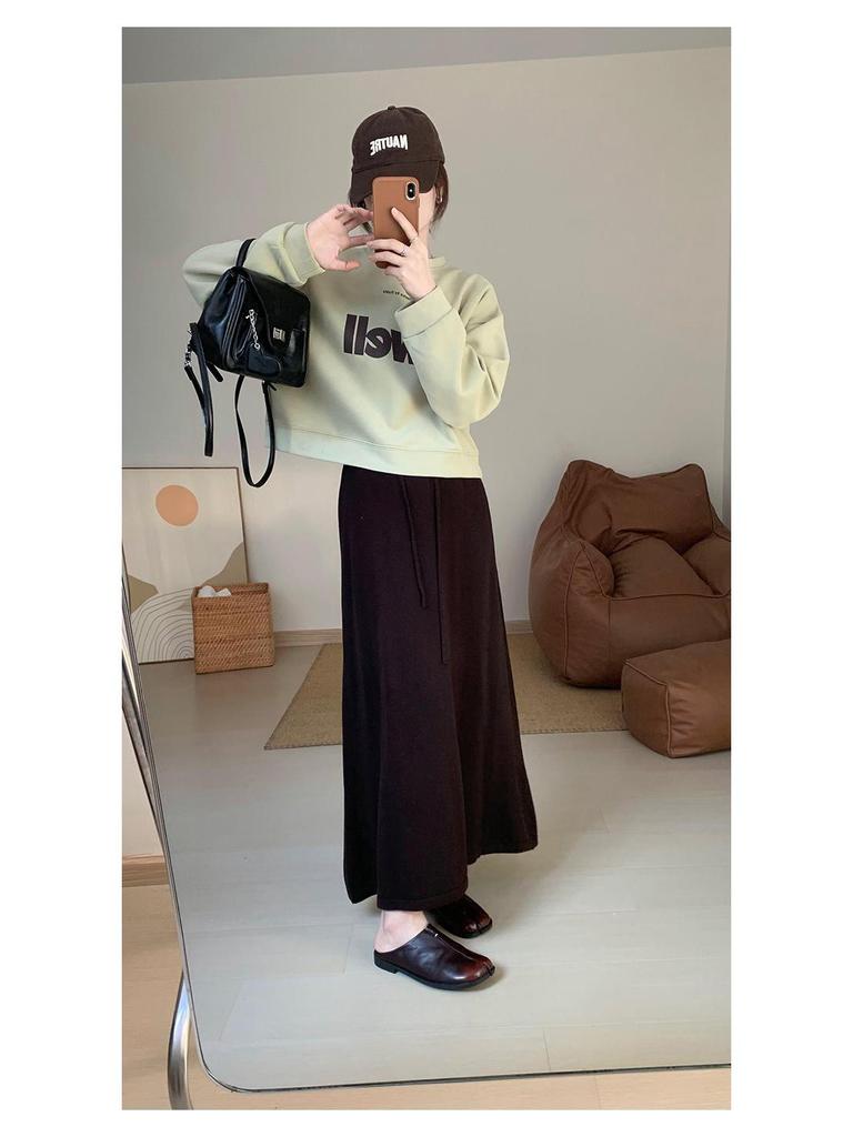 Korean Style High Waist Knitted A-Line Midi Skirt for Women