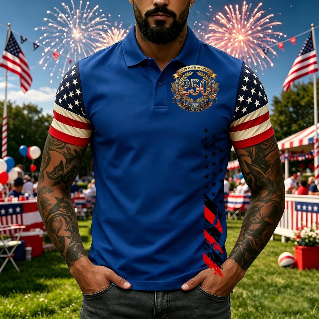 Men's Short Sleeve Polo Shirt with Independence Day Print Casual Fit Button Down Collar Top for Everyday Wear