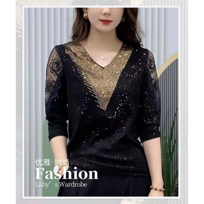 Rhinestone Lace Base Layer Women Spring Summer Short Sleeve V Neck Tee Fashion Versatile Slim Fit Elegant Blouse