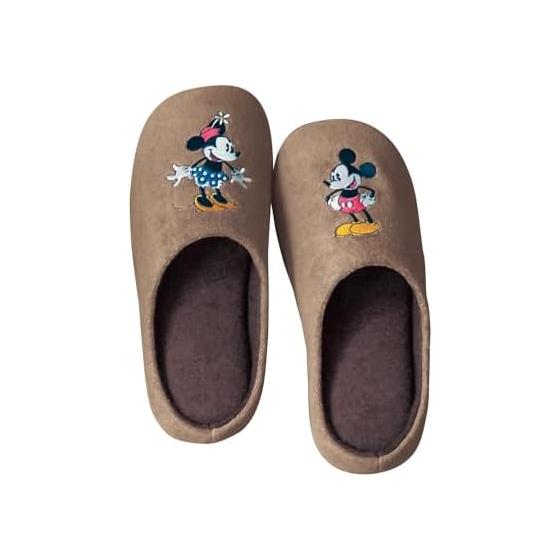 [Belle Maison] Disney Slippers, Indoor Washable, Fluffy, Memory Foam, Comfortable Slippers with Urethane, Mickey & Minnie (Brown) M