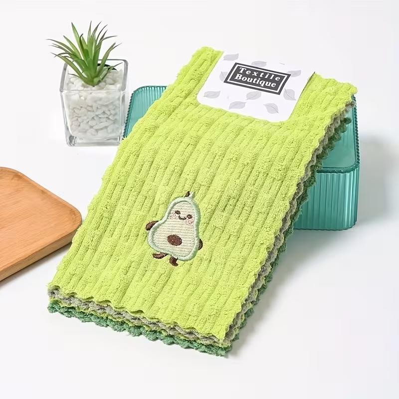4pcs Avocado Embroidered Dish Cloths Multi-Functional Towels Thickened Kitchen Towels Soft Bathroom Hand Towels Cleaning Cloths