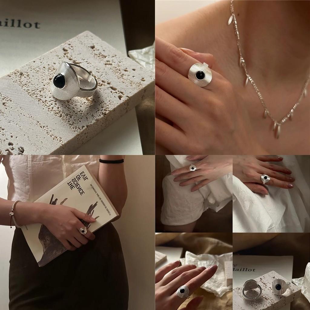 Womens Adjustable Elegant Black Agate Ring With Geometric Design In Style Minimalist