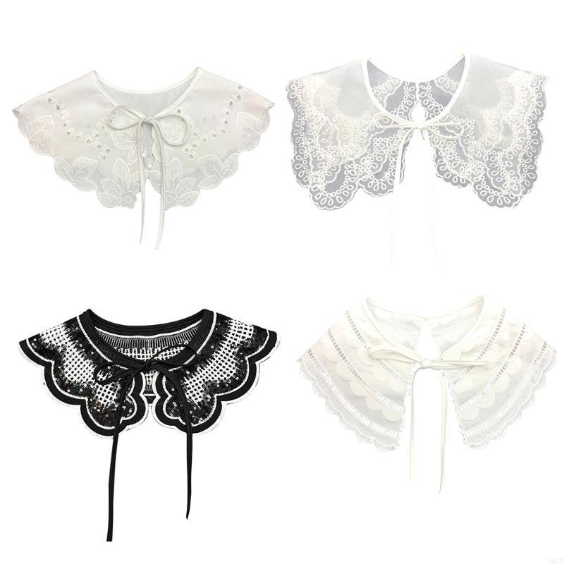Perfect Match 28Gd Detachable Half Shirt False Fake Collar Embroidery Neck Ruff Shawl Dickey Mini Cape Lace-Up Ribbon Necklace Short Capelet