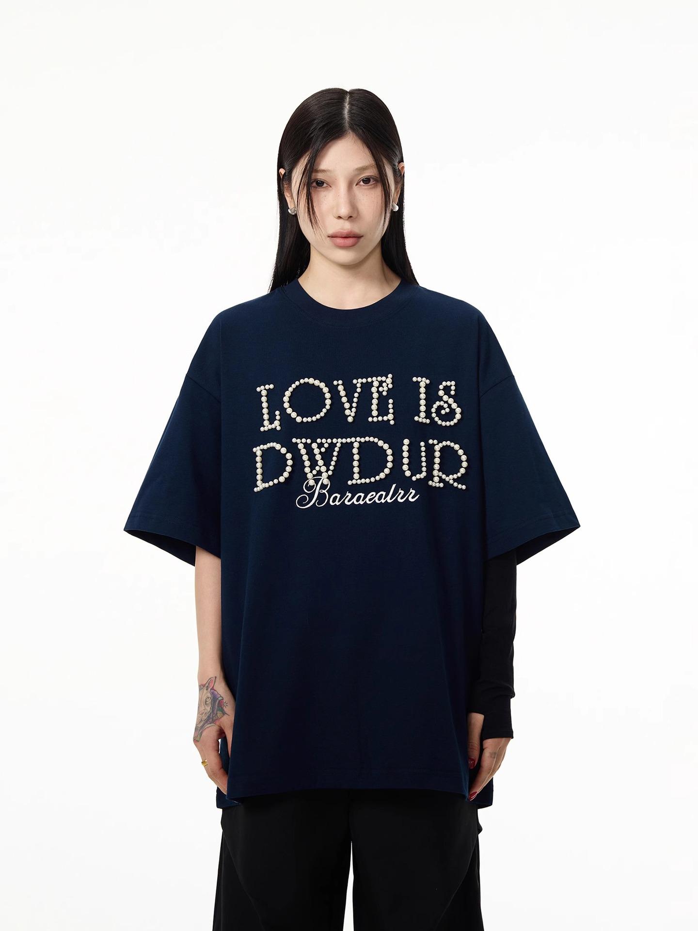 

2025 Unisex Retro 3D Pearl Letter Short-Sleeve T-Shirt – High-End Round Neck Design Medium чёрный