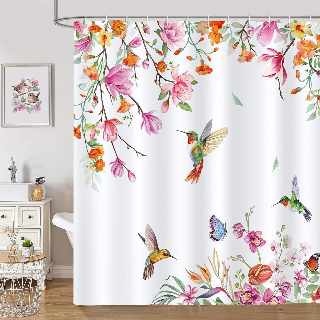 Romantic Cherry Blossom Pink Floral Shower Curtain Waterproof Washable Polyester Shower Curtain 180 X 180Cm With 12 Hooks