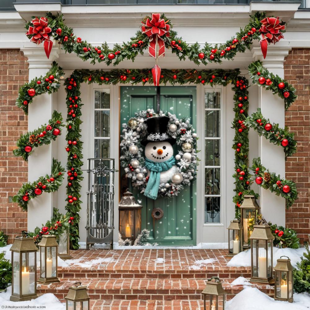 Snowman Wreath Green Lining For Christmas Doors Xmas Outdoor Decoration Door Cover For Front Door Home Christmas Party Supplies