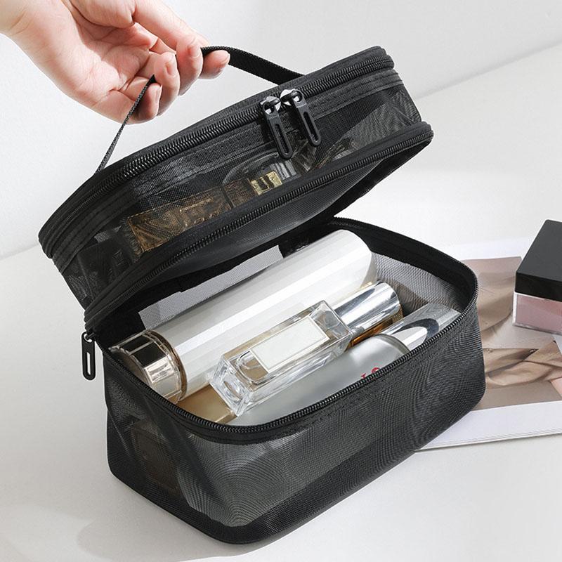Double Layer Cosmetic Bag, Large Portable Mesh Travel Cosmetic Bag, with Double Zipper Makeup Brush Multifunctional Toiletry Bag