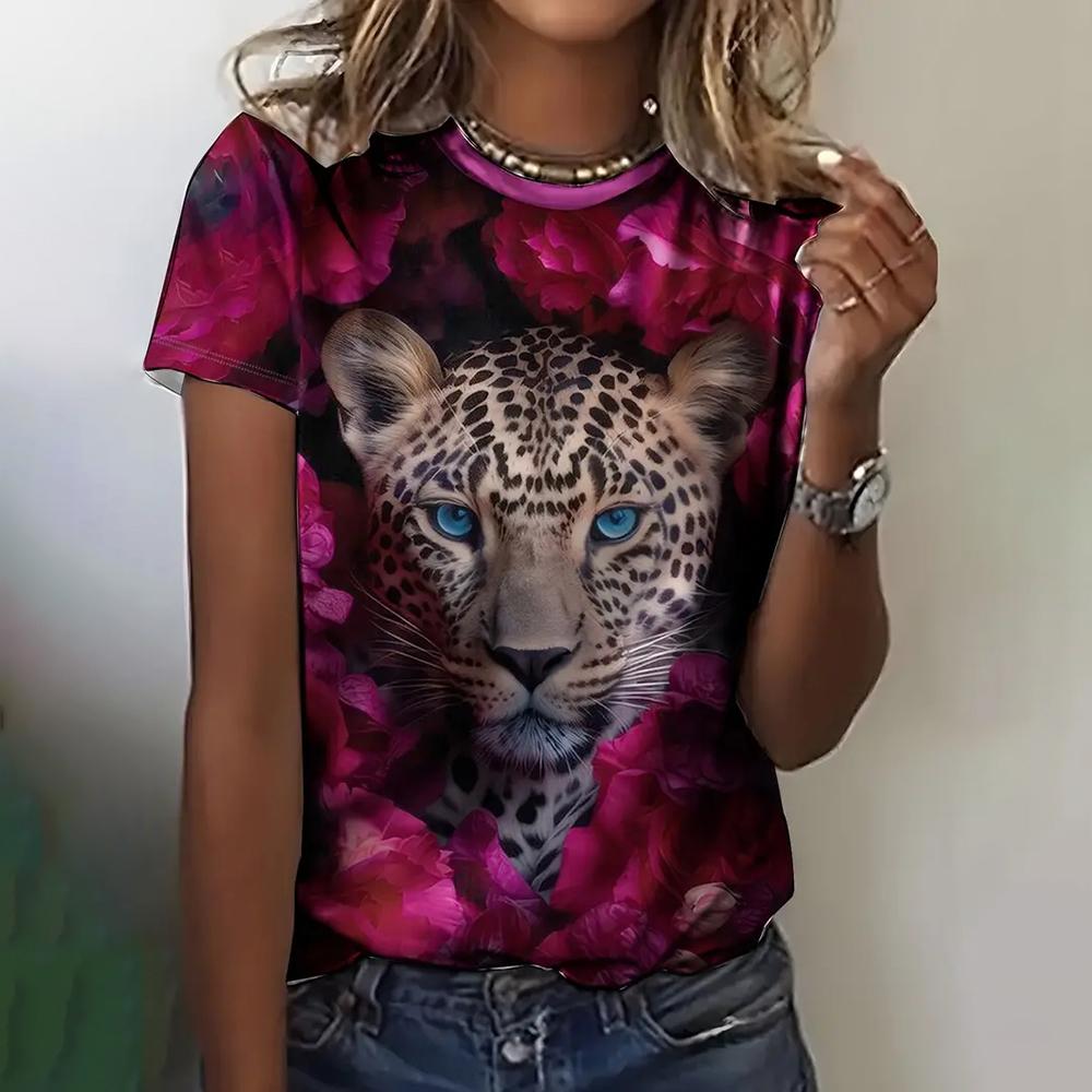 Women's Fashionable Short Sleeve T-Shirts 3d Leopard Print Top Tees Spring & Summer Breathable Women's Casual Pullovers & Blouse