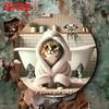 Vintage Metal Wall Art Round Cozy Cat Bathrobe Waterproof Scratch Resistant Aluminum Sign for Home Decor