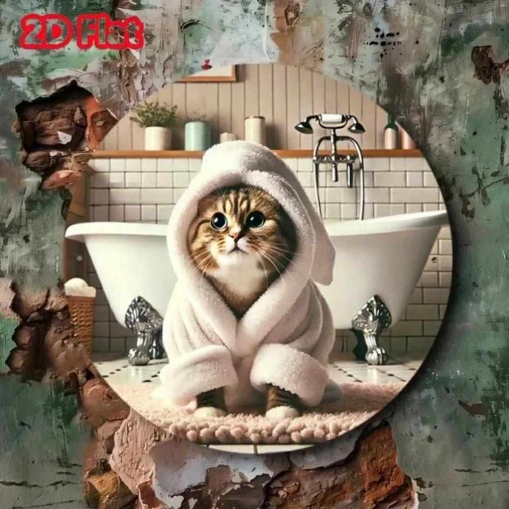 Vintage Metal Wall Art Round Cozy Cat Bathrobe Waterproof Scratch Resistant Aluminum Sign for Home Decor