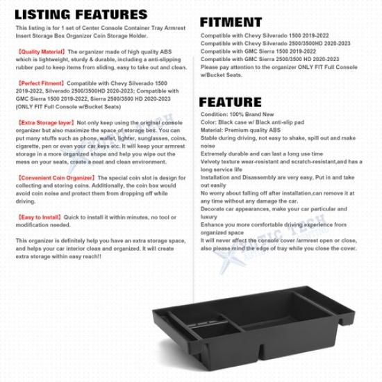 Car Box Center Console Organizer Ert Tray For Chevy Silverado/GMC Sierra 1500