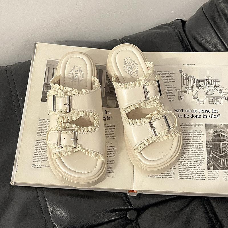 

Niche retro double-buckle slippers for women s outerwear 2025 new summer versatile thick-soled lace one-word slippers 40