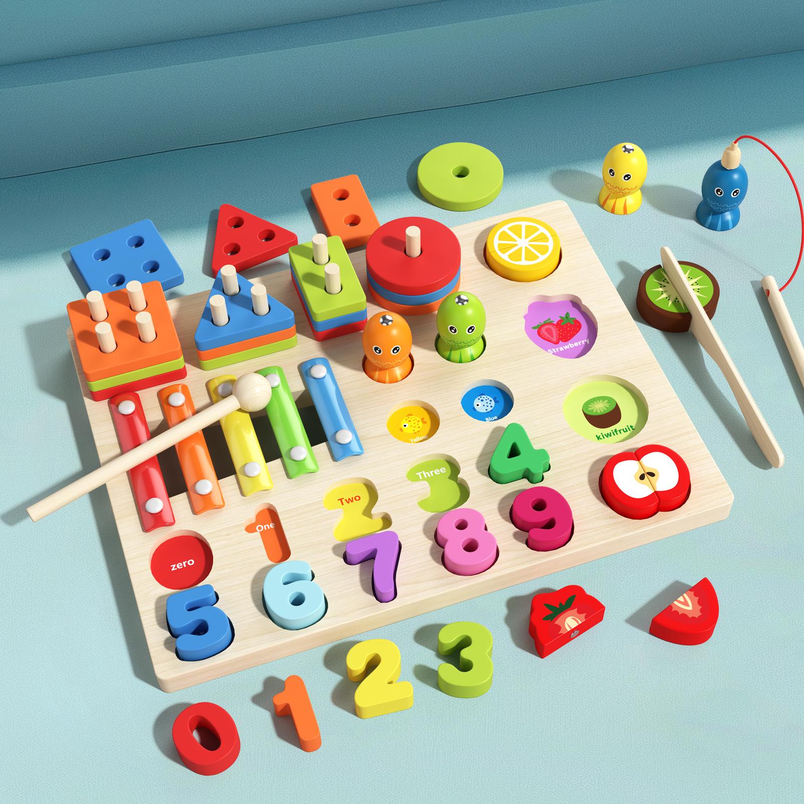 Children s 5-in-1 Wooden Educational Toy: Stacking, Numbers, Fishing, Knocking, Piano