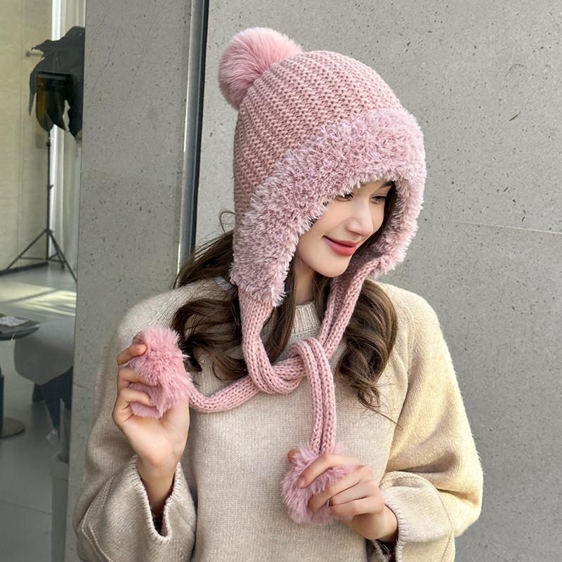 Plush Hat Solid Color Warm Knitted Hat Plush Ball Wool Hat Cute Hanging Ball Outdoor Hat Winter